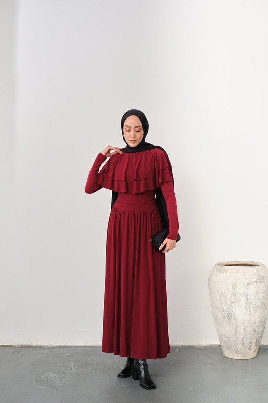 Omuz Fırfır Detay Elbise Bordo