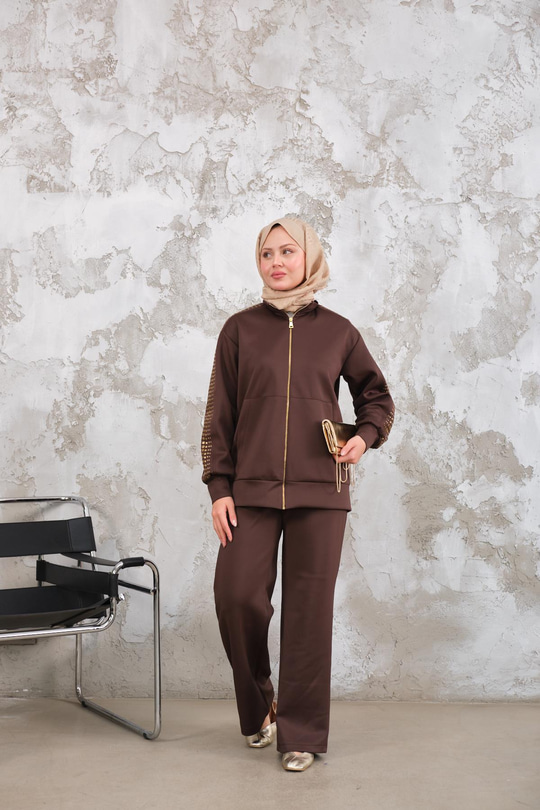 Omuz Gold Drop Detay Önü Cepli Fermuar Detay Takım Kahverengi