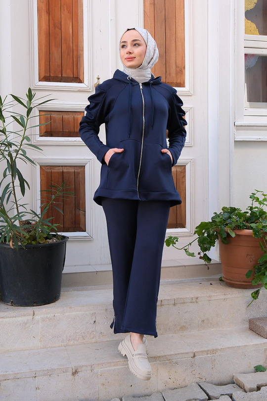 Omuz Pileli Kapüşonlu İkili Takım Lacivert