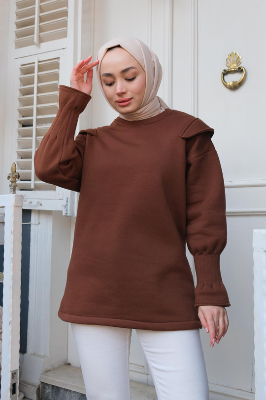 Omuz Vatkalı Oversize Sweat Kahverengi