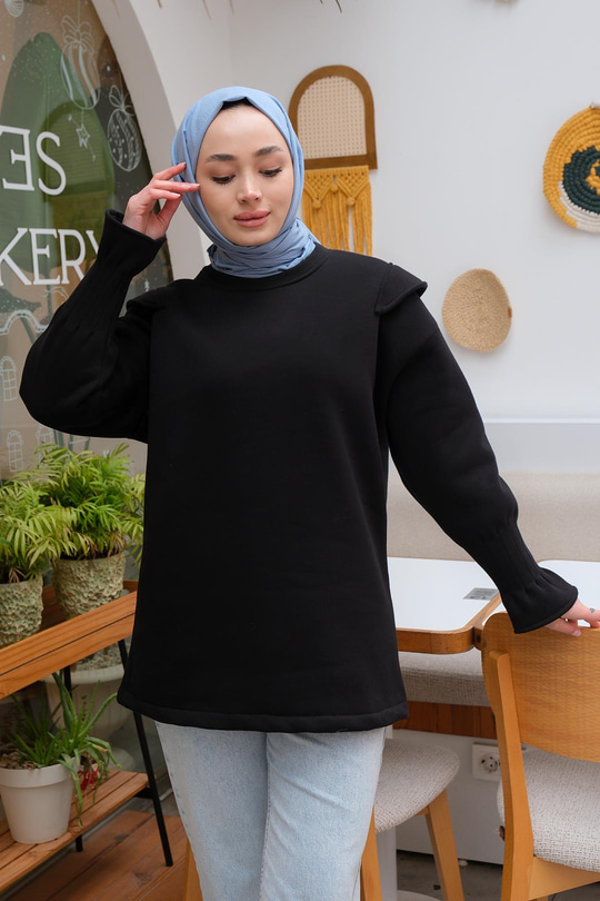 Omuz Vatkalı Oversize Sweat Siyah