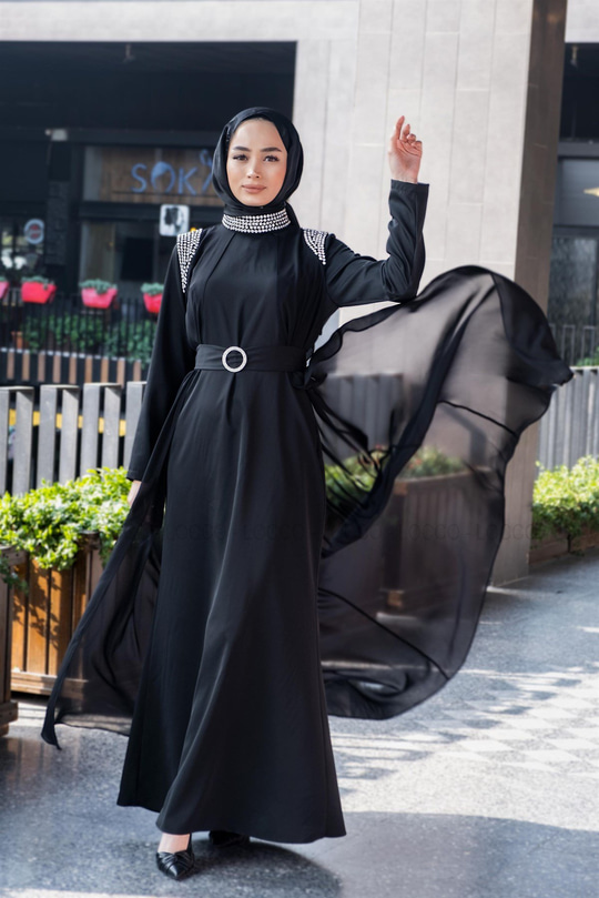 Uygun Fiyatlı OMUZ YAKA TASLI ABIYE SIYAH | Loccomoda.com 