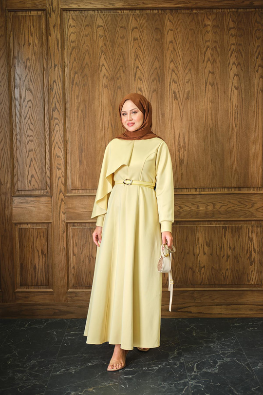 Omuzdan Şallı Scuba Elbise Sarı