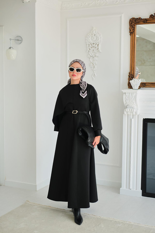 Omuzdan Şallı Scuba Elbise Siyah