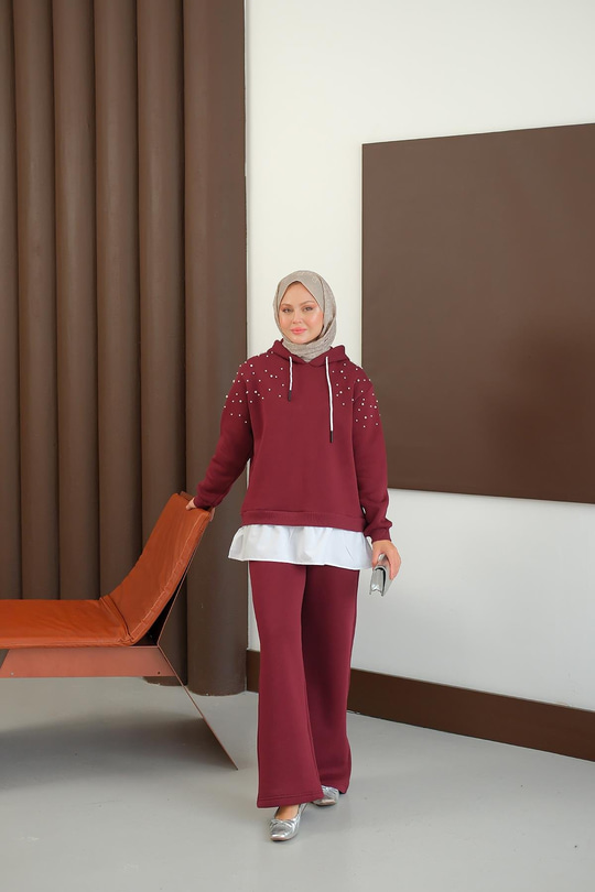 Omuzları Boncuk Detay İkili Takım Bordo