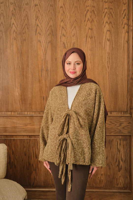 Ön Bağlamalı Buklet Kumaş Ceket Hardal