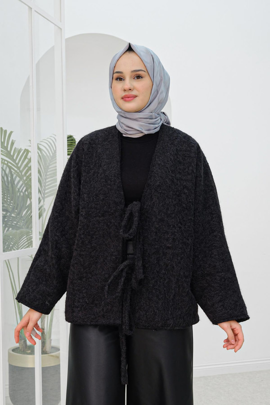 Ön Bağlamalı Buklet Kumaş Ceket Siyah