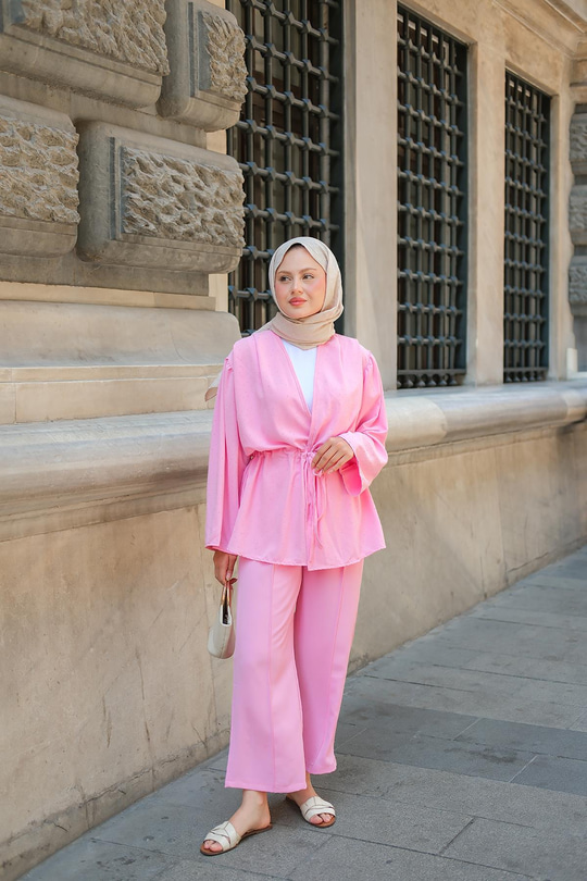 Ön Bağlamalı Taş Detay İkili Takım Pembe