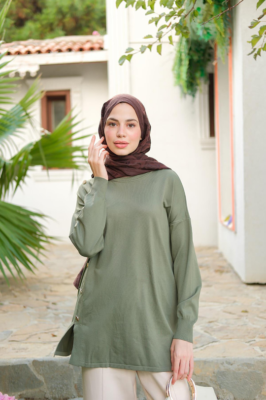 Ön Düğme Detay Tunik Çağla Yeşil