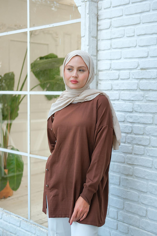 Ön Düğme Detay Tunik Kahverengi