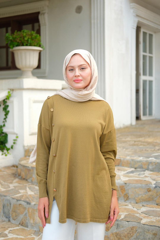 Ön Düğme Detay Tunik Koyu Yeşil