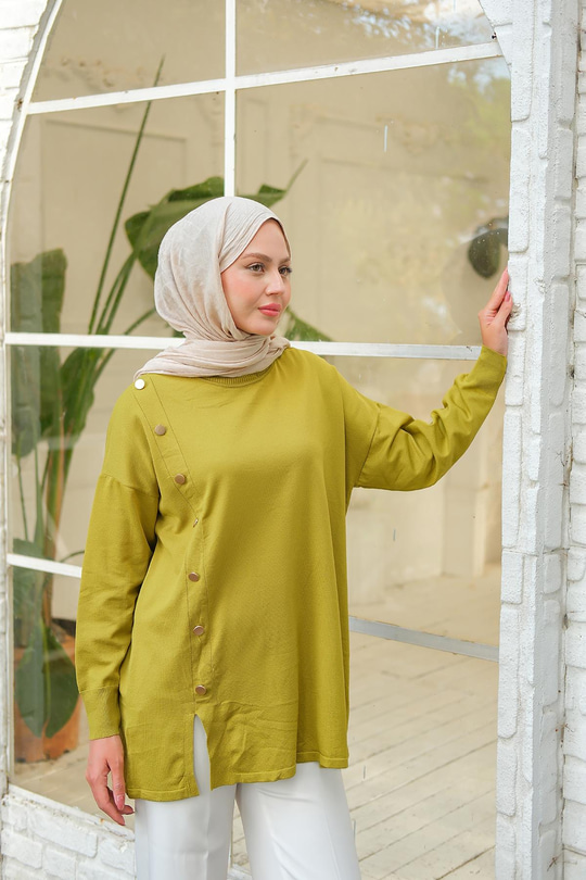 Ön Düğme Detay Tunik Yağ Yeşil