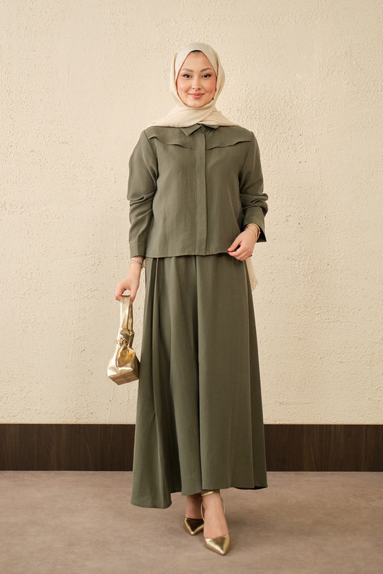 Ön Gizli Düğme Dtay Kısa Gömlek Takım Yeşil