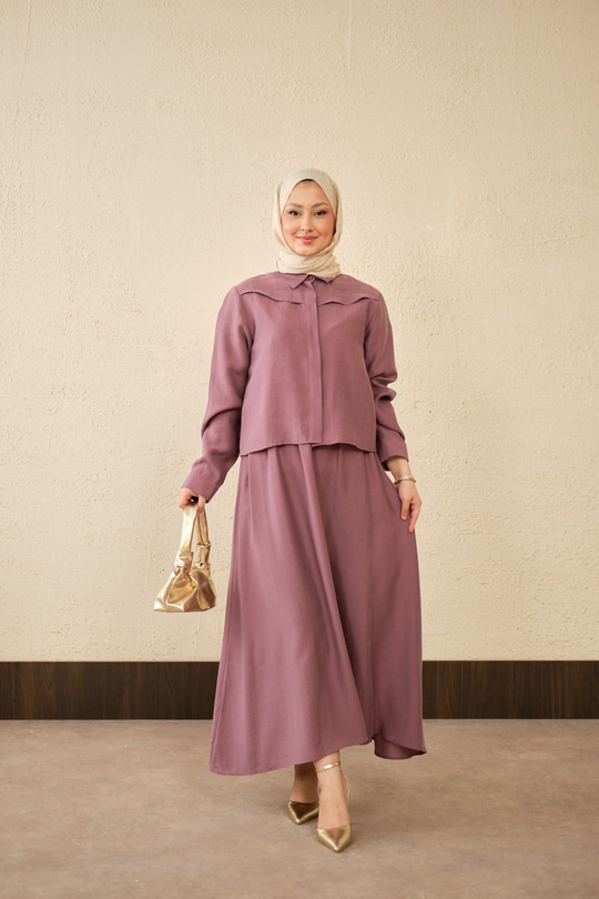 Ön Gizli Düğme Dtay Kısa Gömlek Takım Mürdüm