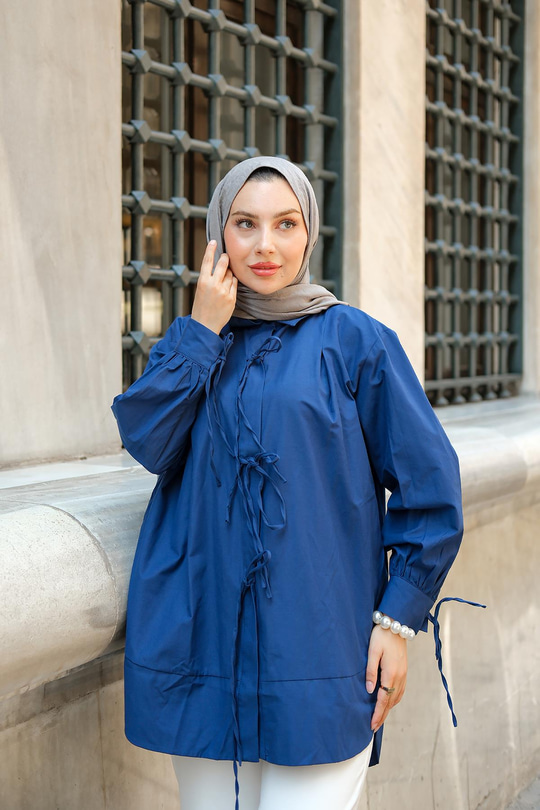 Ön Kurdele Detay Oval Kesim Gömlek Lacivert