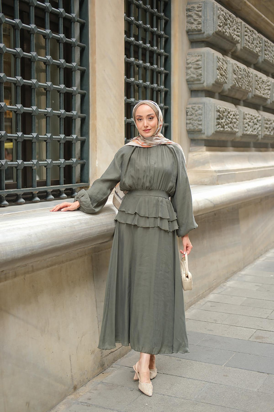 Ön Parça Tül Elbise Koyu Yeşil