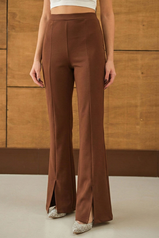 Ön Yırtmaçlı Scuba Pantolon Acı Kahve