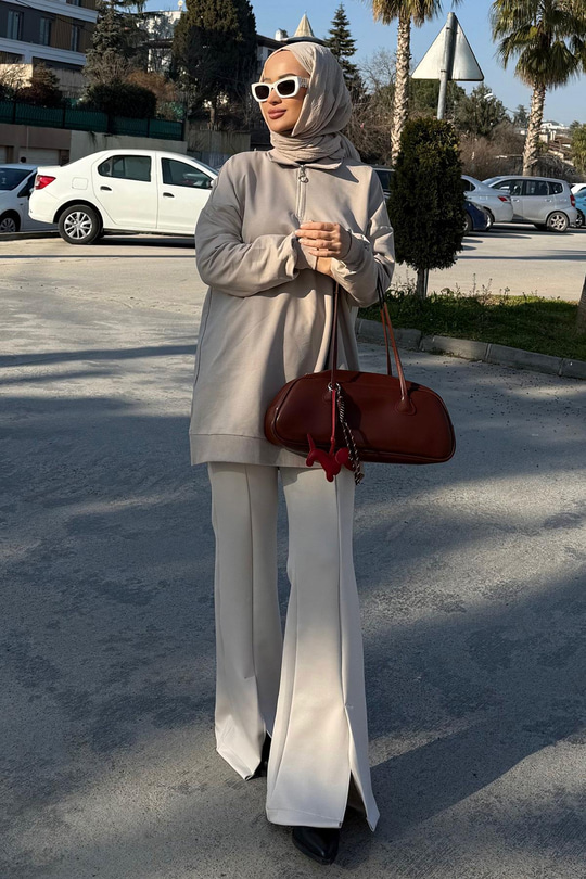 Ön Yırtmaçlı Scuba Pantolon Krem