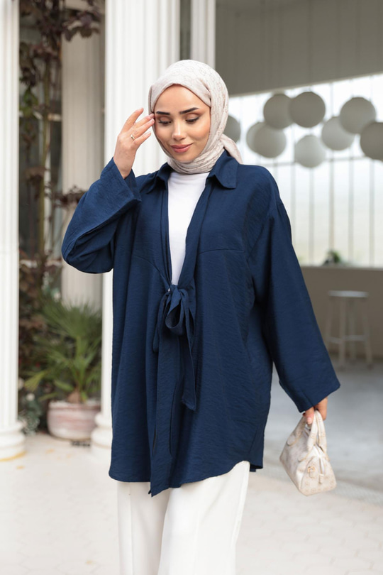 Önden Bağlamalı Salaş Gömlek Lacivert