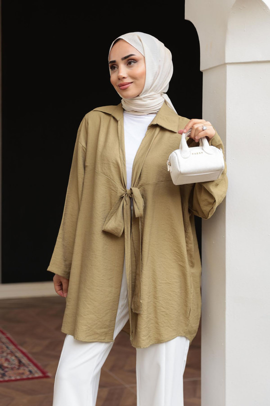 Önden Bağlamalı Salaş Gömlek Yağ Yeşil