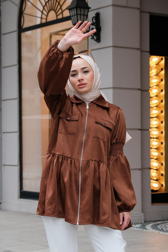 Önden Fermuarlı Eteği Fırfırlı Tunik Kahverengi