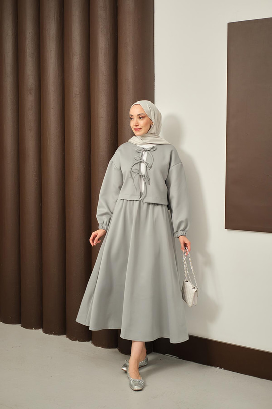 Önü Bağlamalı Etekli Takım Gri