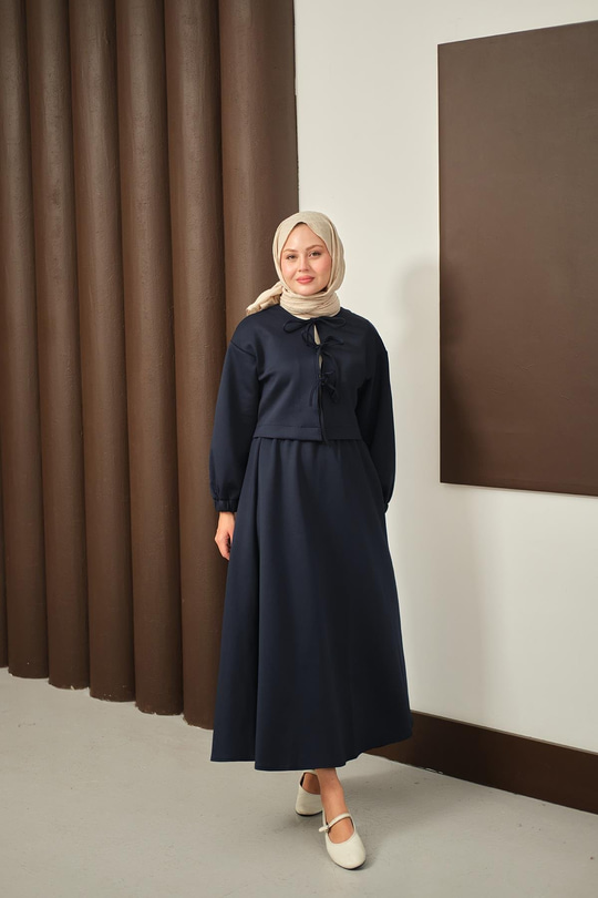 Önü Bağlamalı Etekli Takım Lacivert