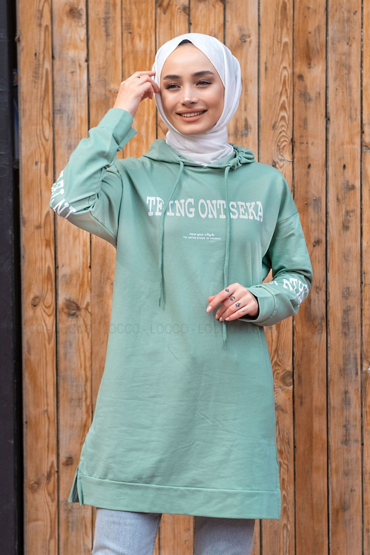 Uygun Fiyatlı ONU BASKILI KAPSONLU TUNIK MINT YESIL | Loccomoda.com 