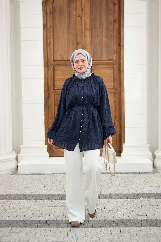 Önü Britli Simli Büzgülü Gömlek Lacivert