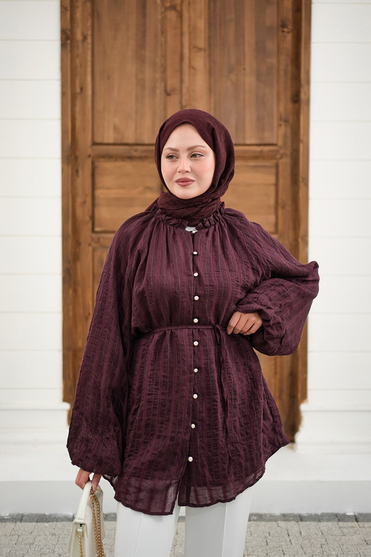 Önü Britli Simli Büzgülü Gömlek Mürdüm