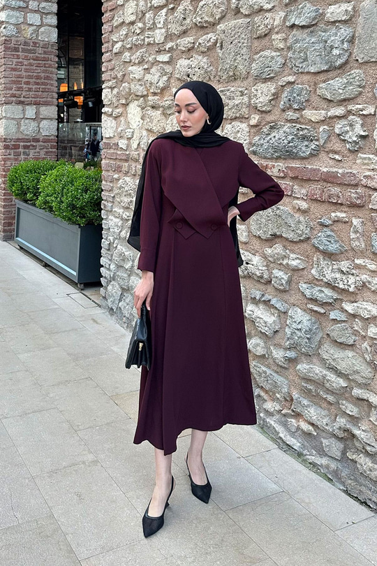 Önü Çapraz Detaylı Elbise Bordo