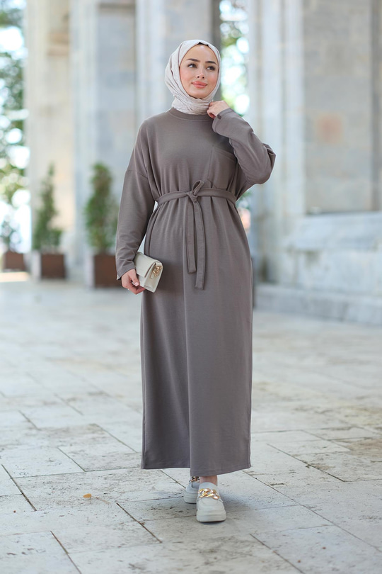 Önü Cepli Bel Bağlamalı Elbise  Vizon