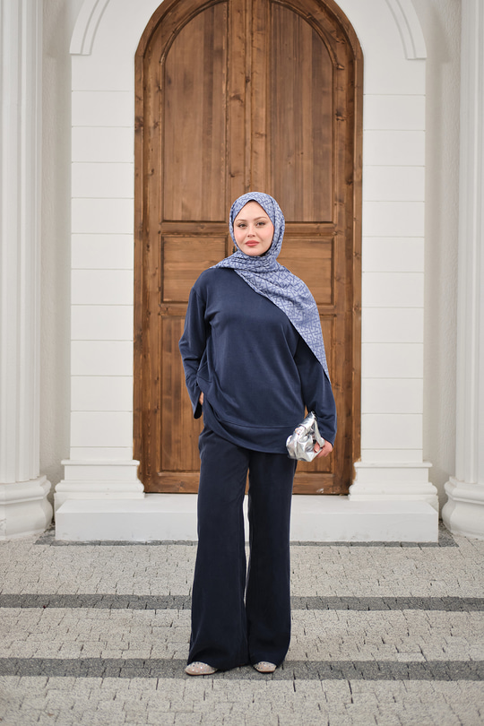 Önü Çima Detay Bisiklet Yaka Takım İndigo Mavi