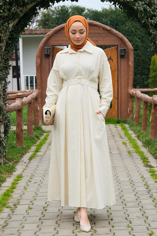 Önü Çıt Çıt Detay Elbise  Ekru