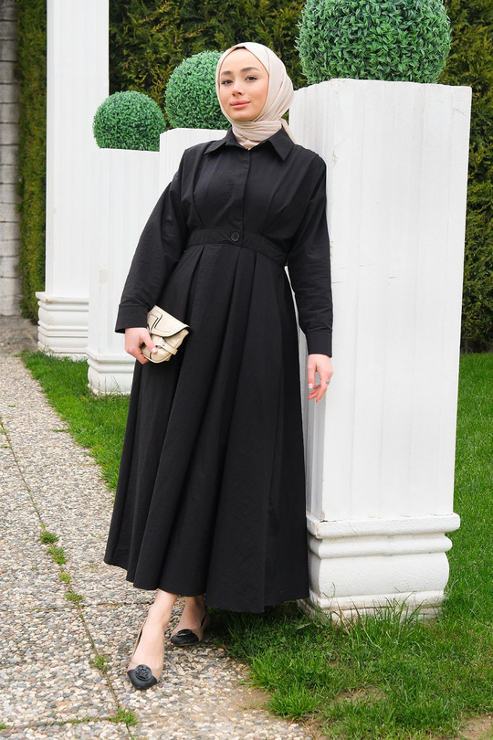 Önü Çıt Çıt Detay Elbise  Siyah