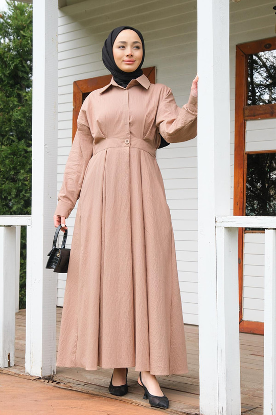 Önü Çıt Çıt Detay Elbise  Somon