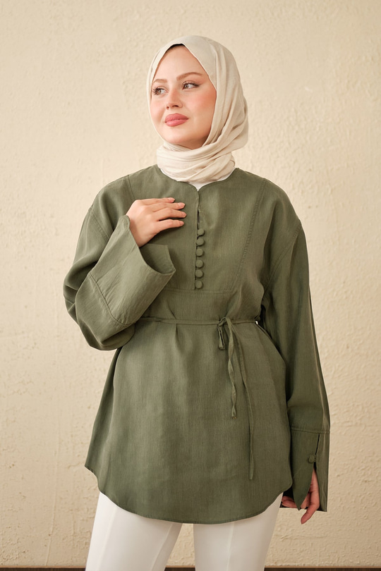 Önü Çoban Düğmeli Bel Bağlamalı Tunik Haki Yeşil