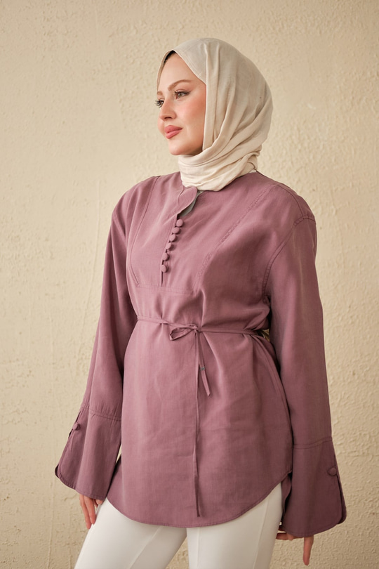 Önü Çoban Düğmeli Bel Bağlamalı Tunik Mürdüm