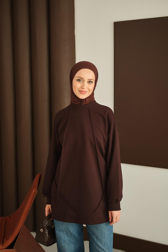 Önü Dikiş Detay Tunik Kahverengi