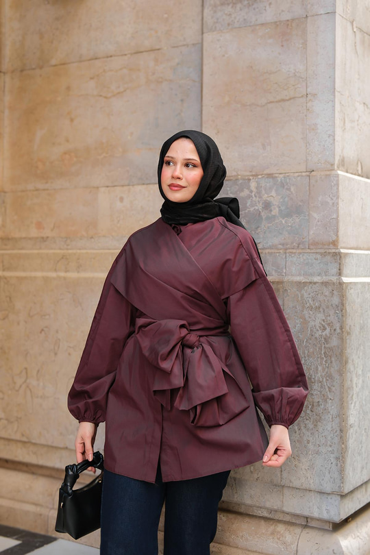 Önü Drape Detay Poplin Gömlek Bordo