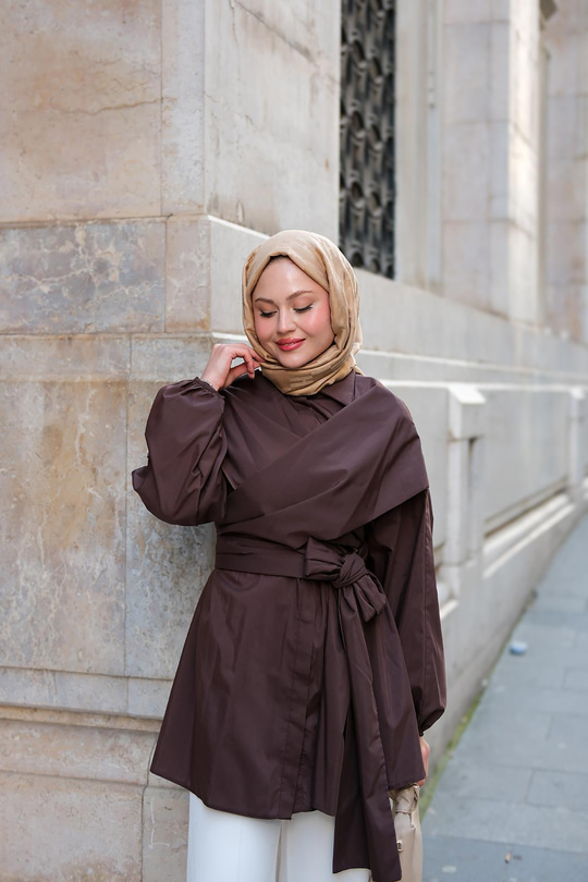 Önü Drape Detay Poplin Gömlek Kahverengi