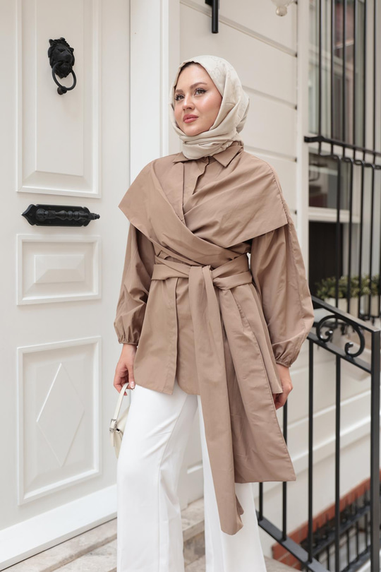 Önü Drape Detay Poplin Gömlek Vizon