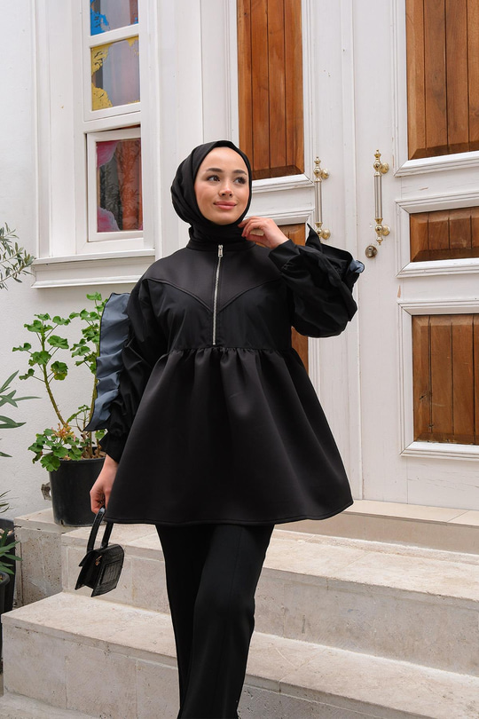 Önü Fermuarlı Bisiklet Yaka Tunik Siyah