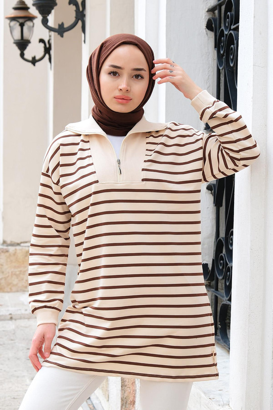 Önü Fermuarlı Çizgili Sweat Kahverengi