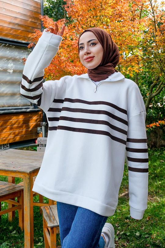 Önü Fermuarlı Çizgili Sweat Kahverengi