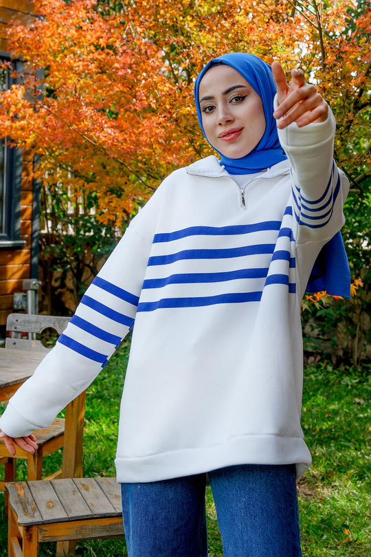 Önü Fermuarlı Çizgili Sweat Mavi