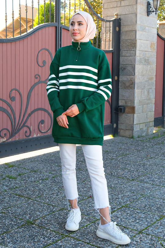 Önü Fermuarlı Çizgili Sweat Yeşil Beyaz