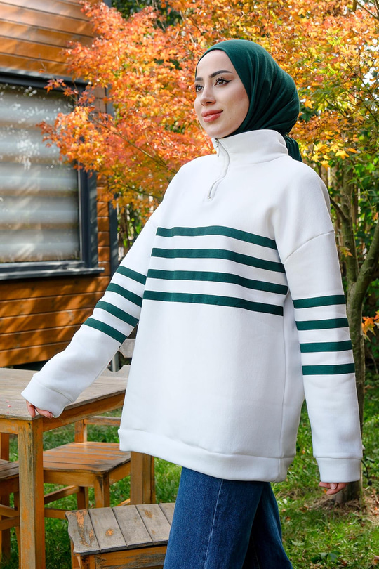 Önü Fermuarlı Çizgili Sweat Yeşil