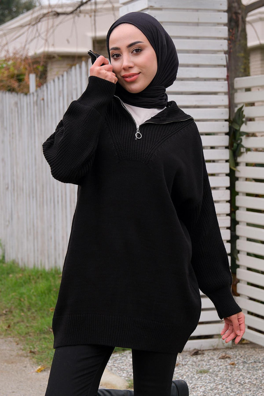 Önü Fermuarlı Tunik Siyah