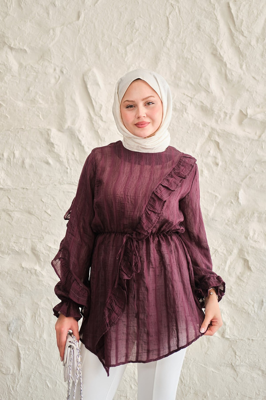 Önü Fırfırlı Ve Bağlama Detay Simli Tül Kumaş Tunik Bordo